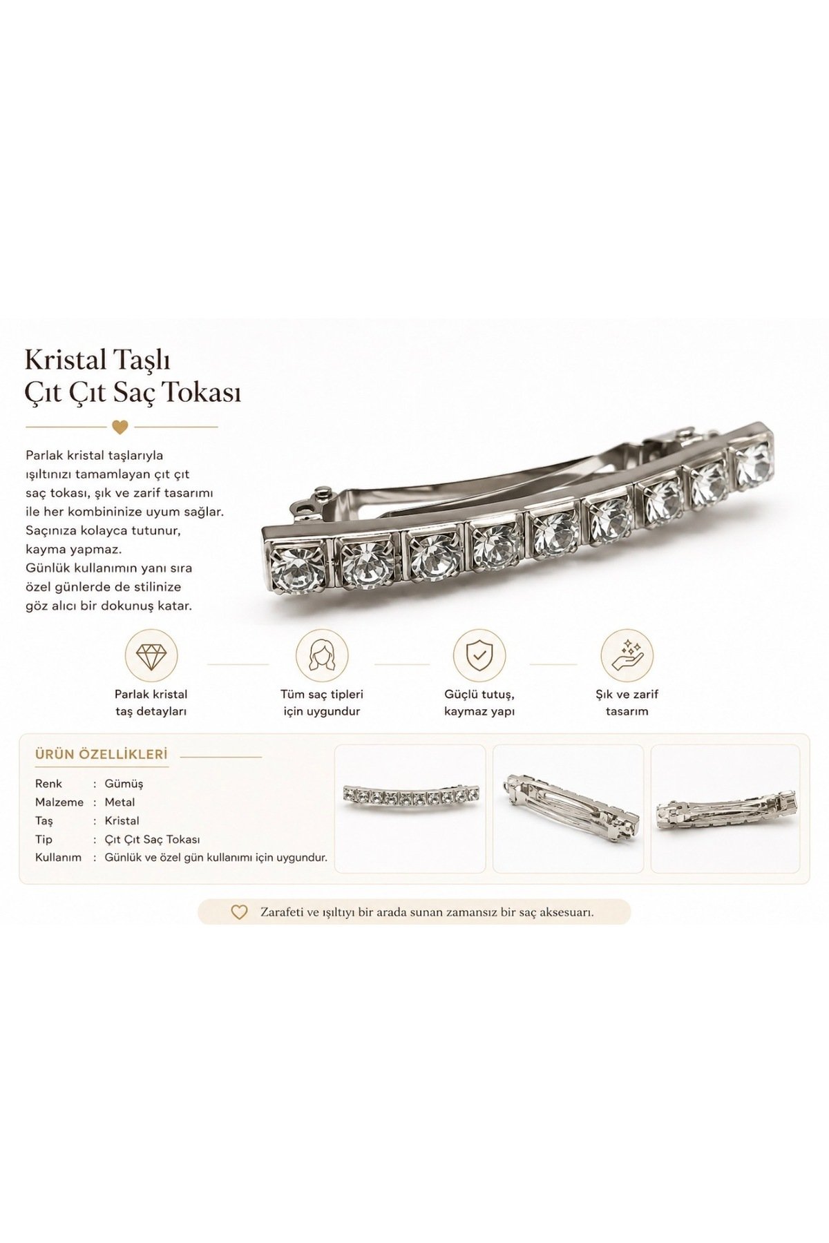 Silver Kristal Taşlı Sıralı Saç Tokası - Görsel 3