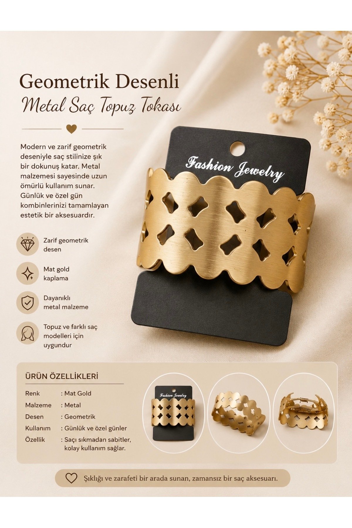 Gold Geometrik Desenli Lastik Saç Tokası - Görsel 3