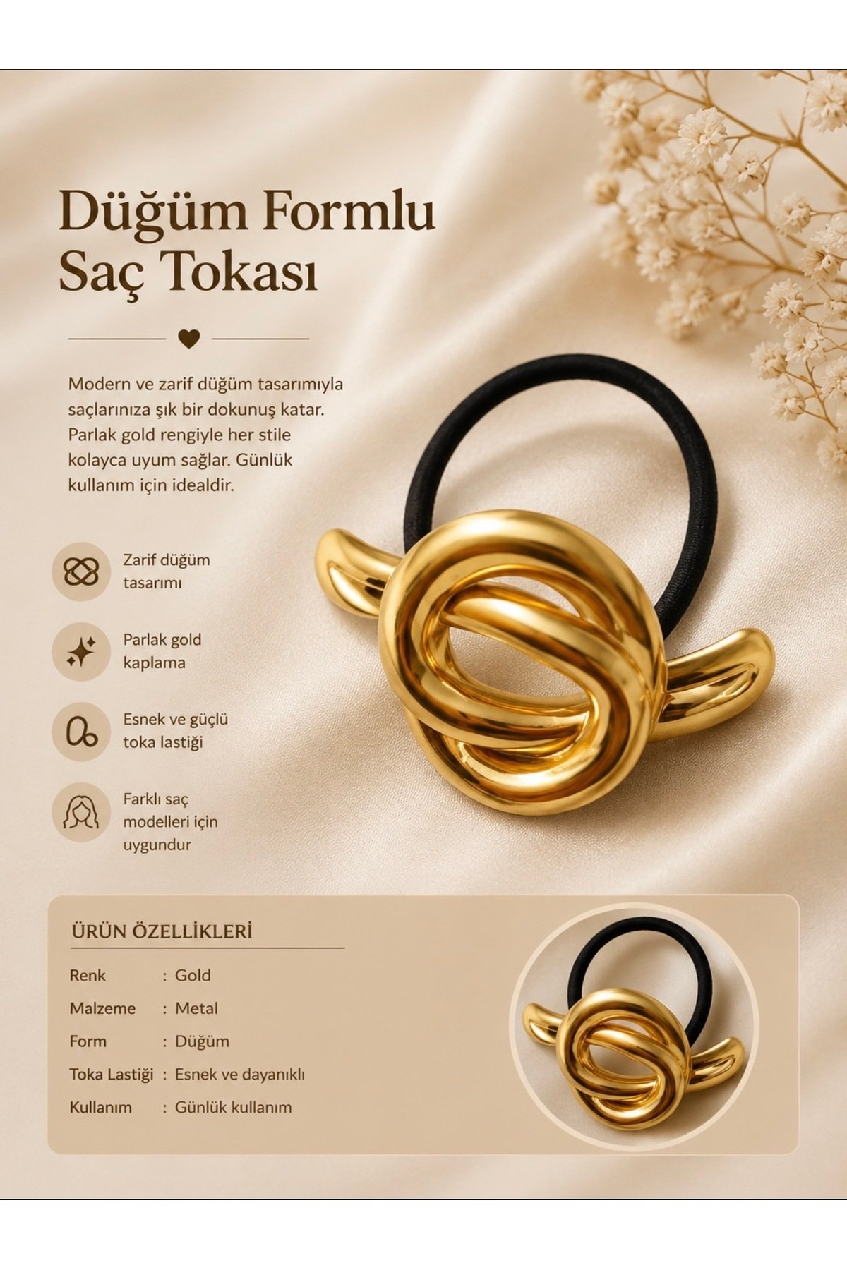 Gold Düğüm Detaylı Lastik Saç Tokası - Görsel 2