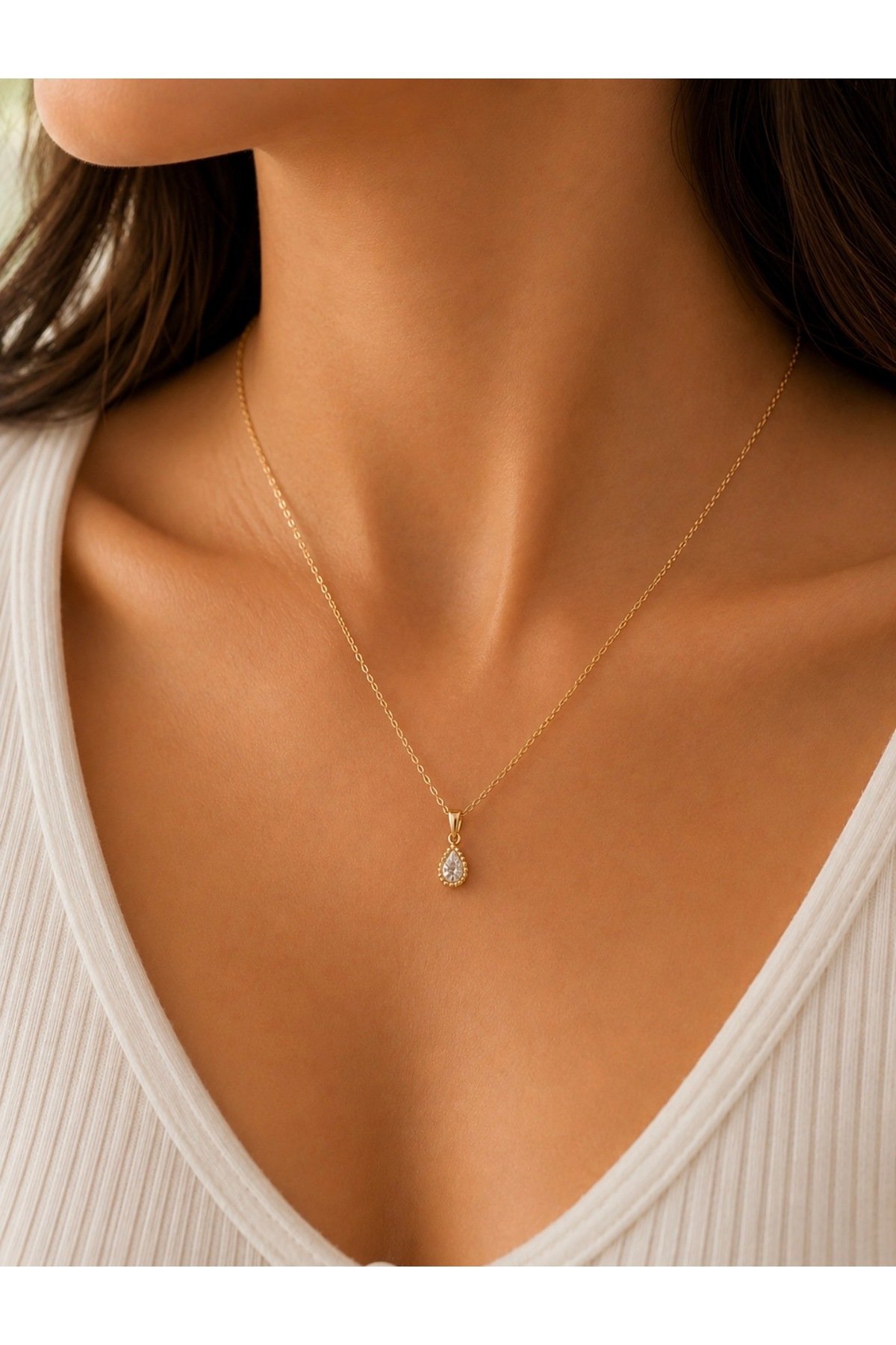 Minimal Gold Damla Zirkon Taşlı Kolye