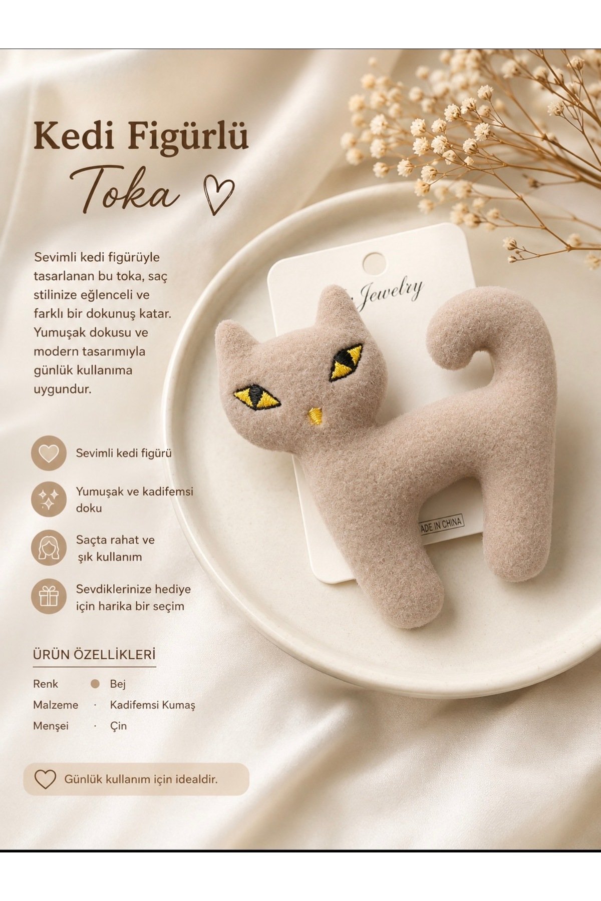 Sevimli Kedi Figürlü Peluş Toka - Görsel 2