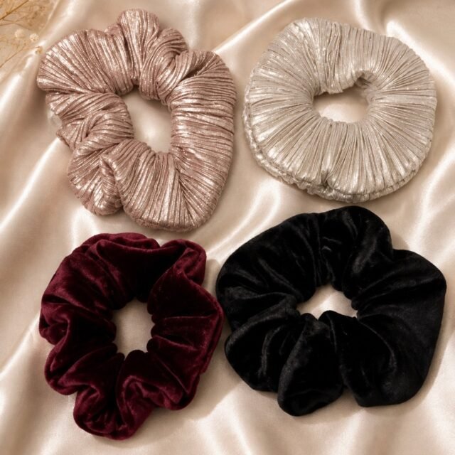 4’lü Oversize Scrunchie Lastik Toka Seti – Bordo, Siyah, Pudra & Taş