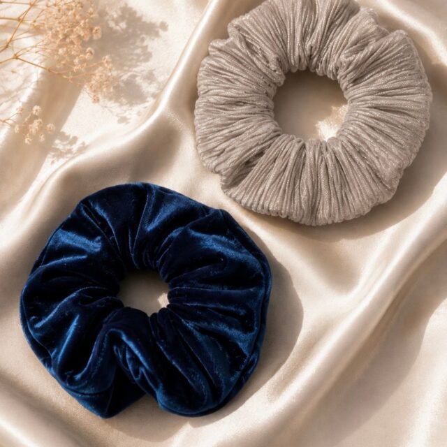 2’li Oversize Scrunchie Lastik Toka Seti – Lacivert Kadife & Taş Simli