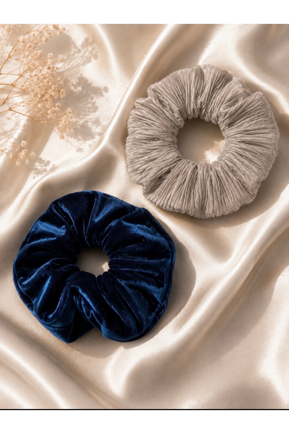 2’li Oversize Scrunchie Lastik Toka Seti – Lacivert Kadife & Taş Simli