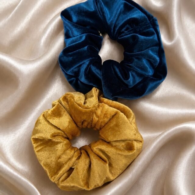 2’li Kadife Oversize Scrunchie Lastik Toka Seti – Lacivert & Hardal