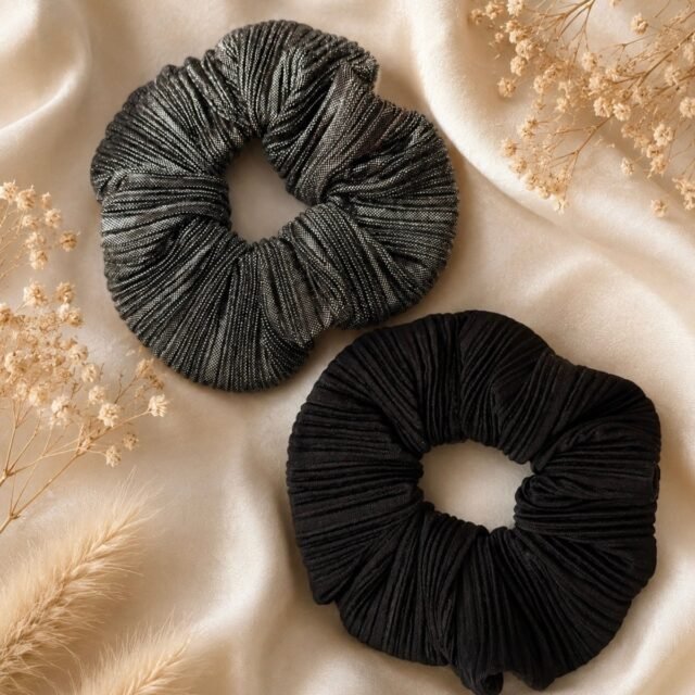 2’li Oversize Scrunchie Lastik Toka Seti – Antrasit Simli & Siyah