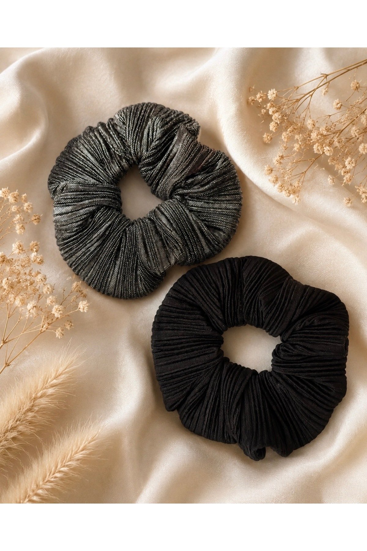 2’li Oversize Scrunchie Lastik Toka Seti – Antrasit Simli & Siyah