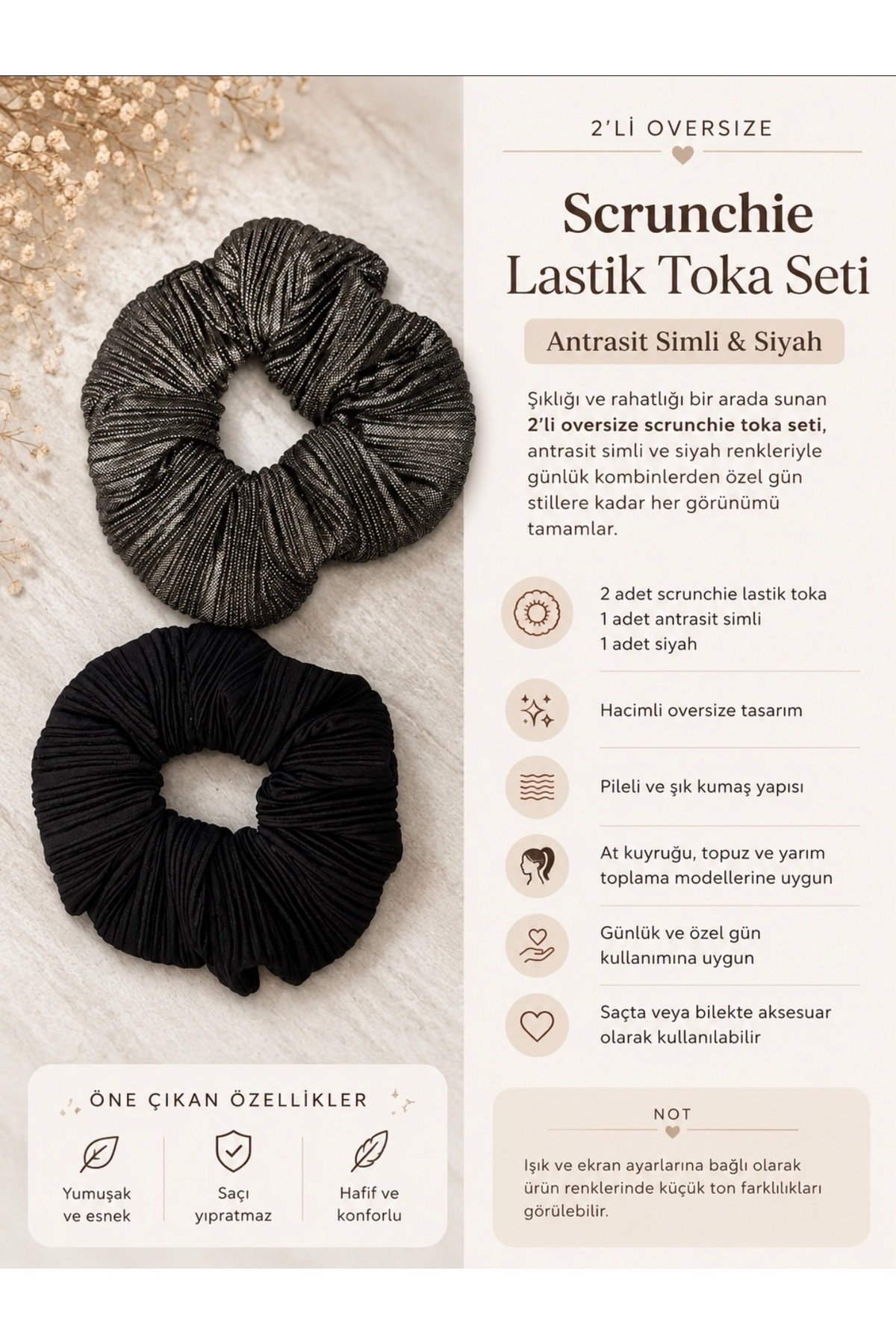 2’li Oversize Scrunchie Lastik Toka Seti – Antrasit Simli & Siyah - Görsel 2