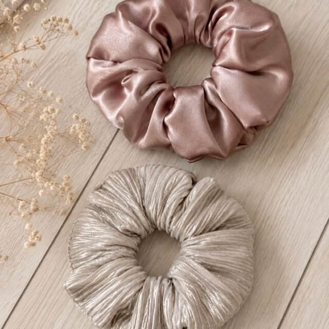 2’li Oversize Scrunchie Lastik Toka Seti – Pudra & Şampanya